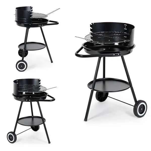 Kerek kerti grill, 42 cm krómozott rács állítható magassággal, polccal
