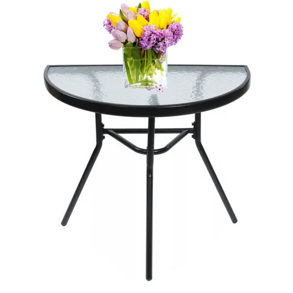 Fekete félkör alakú edzett üvegasztal 70×40 cm erkélyre, teraszra