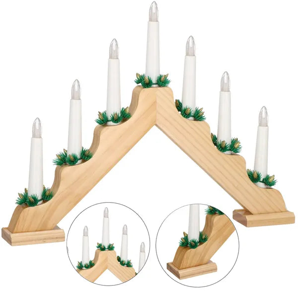 LED fa ablakdísz 7 gyertyával, meleg fehér, elemes, 39,5×30,5 cm
