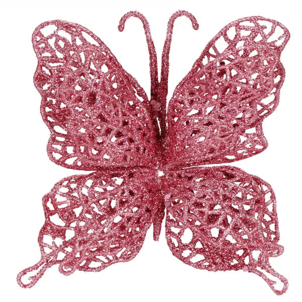 Rózsaszín csillámos pillangó karácsonyfadísz, műanyag, 16×12,5 cm