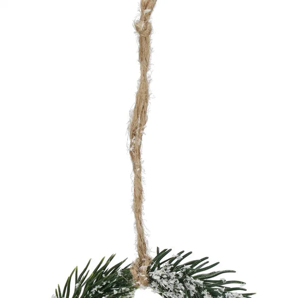Havas karácsonyi műanyag ág függő dísz jutaszállal, 10 cm