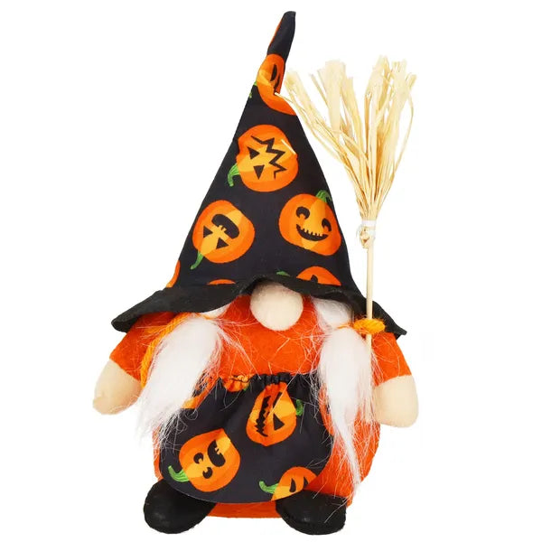 Karácsonyi dekorációs női gnóm figura, narancs–fekete, 20 cm