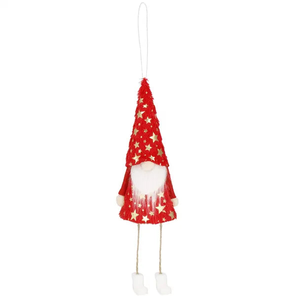 Karácsonyi filc manó dísz, csillagmintás, piros-fehér-arany, 35 cm