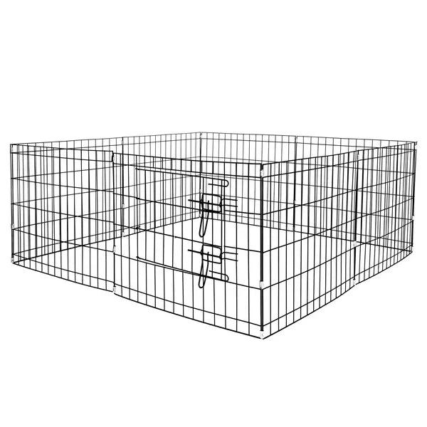 Fekete, fém, 8 elemes összecsukható kutya kifutó, Ø155×61 cm, ajtós
