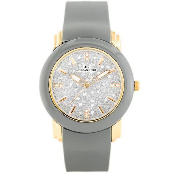 Női kvarc karóra szürke szilikon szíjjal, arany-szürke tok, csillámos ezüst 33 mm számlap