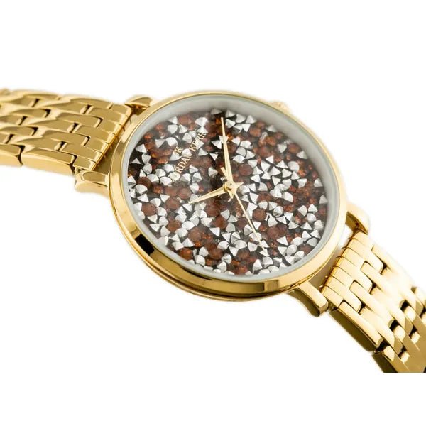 Női kvarc karóra, arany fém szíjjal, narancs-ezüst számlappal, 36 mm