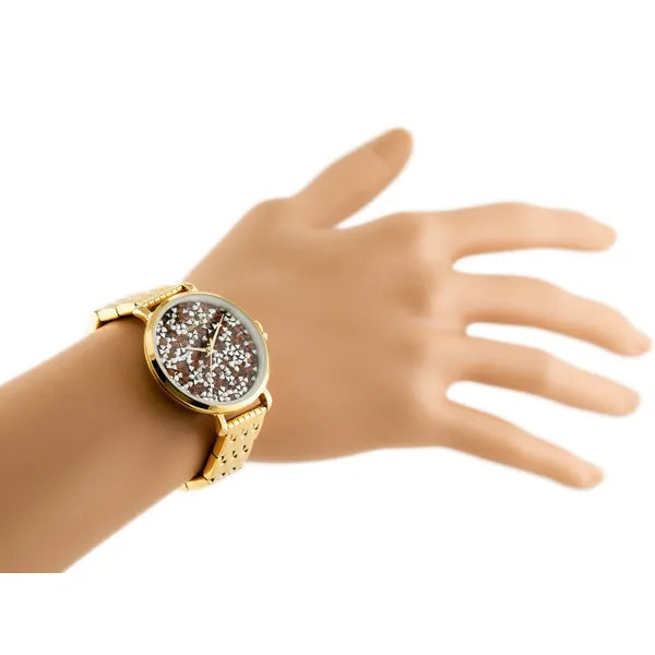 Női kvarc karóra, arany fém szíjjal, narancs-ezüst számlappal, 36 mm