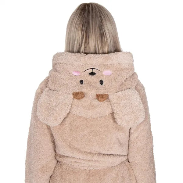 Kapucnis plüss köntös bézs, L/XL méret, puha poliészter, füles kapucni