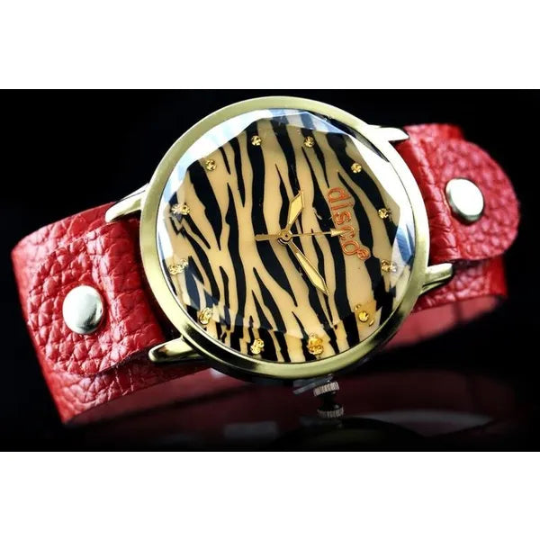 Női retro punk karóra, piros bőrszíj, 40 mm, quartz, WR30