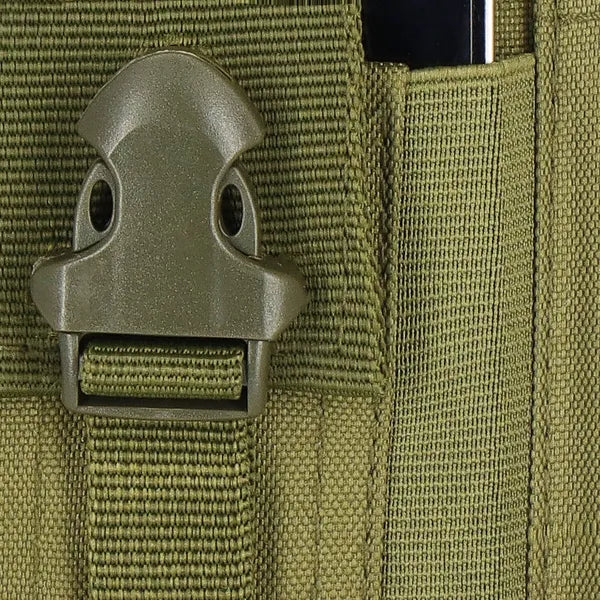 Sötétzöld poliészter övtáska, 17,5×13×5 cm, 2 rekesz, 4 zseb