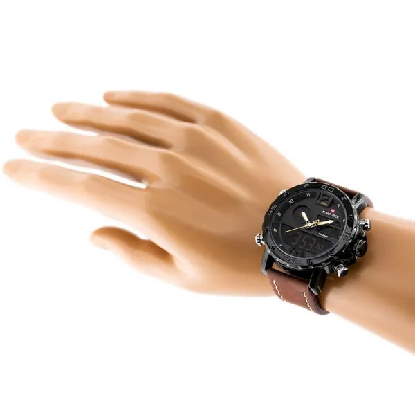 NAVIFORCE férfi karóra, quartz analóg-digitális, barna bőrszíj, fekete tok