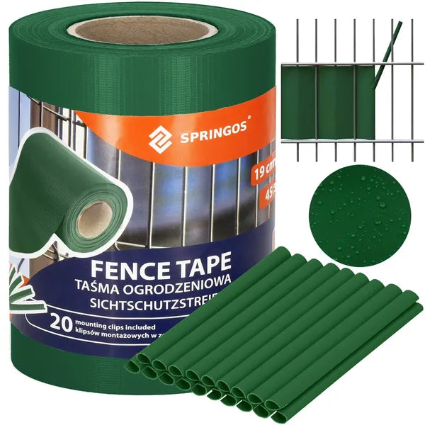 Sötétzöld PVC kerítésszalag 19×35 m 450 g/m² 20 kapoccsal