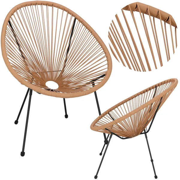 PE rattan kerti szék csavarozható fém lábakkal, fekete-bézs, 70x73x87 cm
