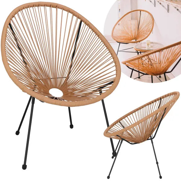 PE rattan kerti szék csavarozható fém lábakkal, fekete-bézs, 70x73x87 cm