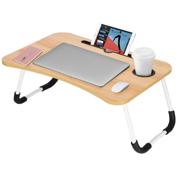 Összecsukható MDF laptop asztal 60×40 cm, világosbarna/fehér, pohártartó