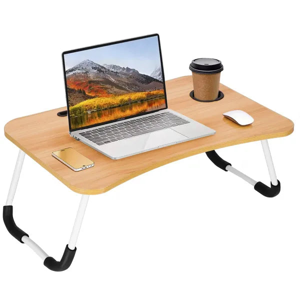 Összecsukható MDF laptop asztal 60×40 cm, világosbarna/fehér, pohártartó