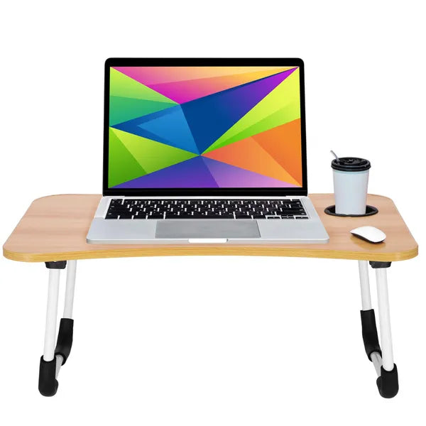 Összecsukható MDF laptop asztal 60×40 cm, világosbarna/fehér, pohártartó