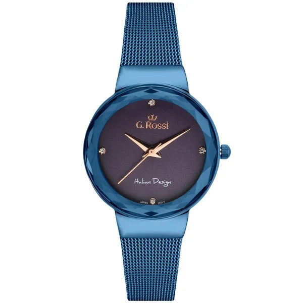 G. Rossi női kvarc karóra kék fémszíjjal, lila számlappal, 32 mm