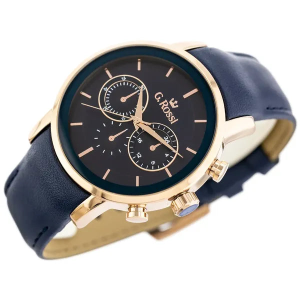 G. Rossi férfi karóra – rozéarany 44 mm tok, kék bőrszíj