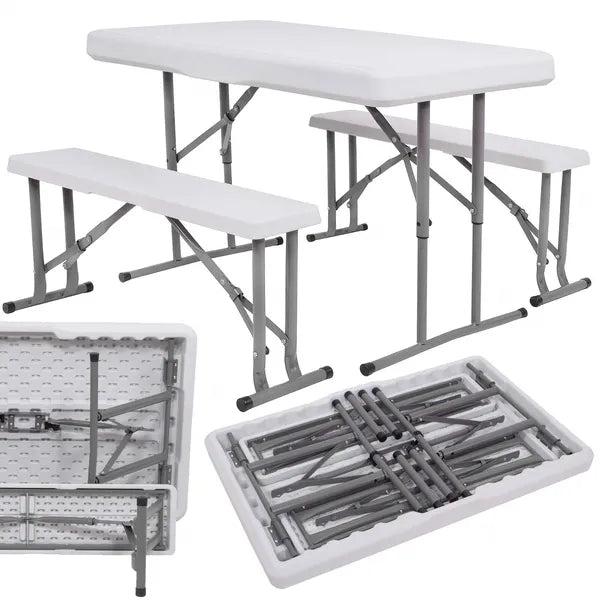 Összecsukható catering asztal + 2 pad, HDPE/metal, 105×64×70 cm, 150 kg