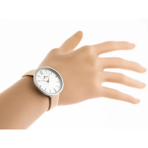 Női kvarc karóra 36 mm rózsaszín bőrszíjjal, ezüst számlappal