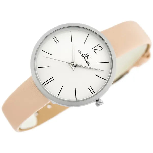 Női kvarc karóra 36 mm rózsaszín bőrszíjjal, ezüst számlappal