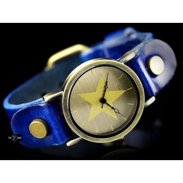 Női retro punk karóra – 33 mm, kék bőrszíj, barna számlap