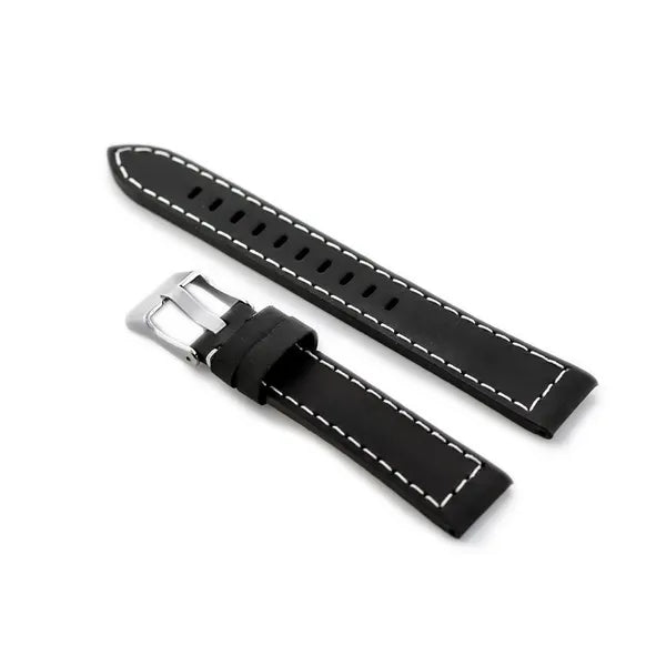 18 mm fekete természetes bőr óraszíj fehér varrással, ezüst csat