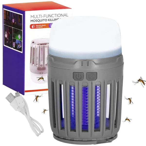 Akkumulátoros IPX4 rovarirtó és kempinglámpa, USB, 600 V, 13 cm