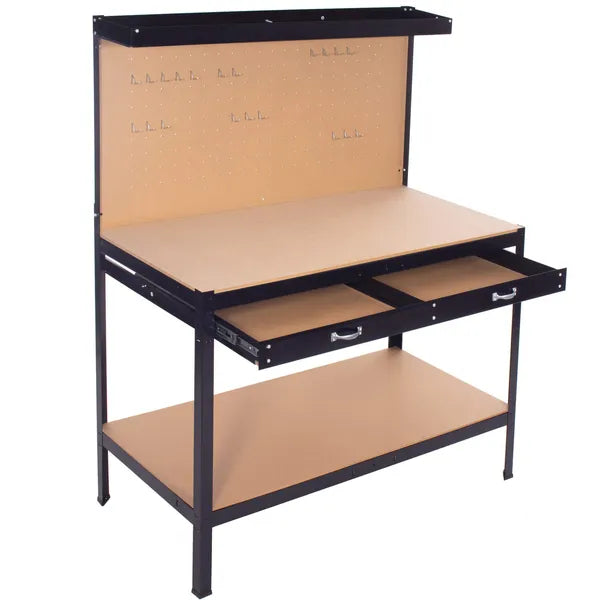 Műhelyasztal 120×60×155 cm, fém váz/MDF lap, 200 kg teherbírás