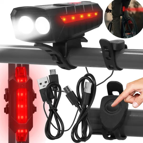 Ledes kerékpárlámpa szett 1200 lm, szolár+USB, IPX4, első-hátsó