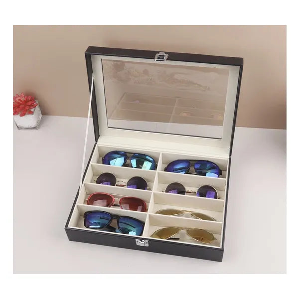 8 rekeszes szemüvegtartó rendező, fekete műbőr, átlátszó fedél