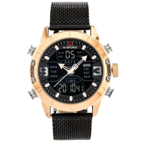 Naviforce férfi kvarc karóra 44 mm, fekete/rosegold, fémszíj, doboz