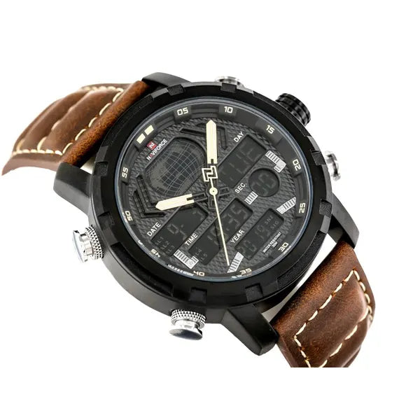 Naviforce férfi kvarc karóra, fekete 48 mm tok, barna bőrszíj