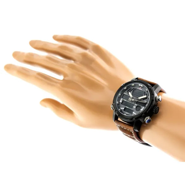 Naviforce férfi kvarc karóra, fekete 48 mm tok, barna bőrszíj