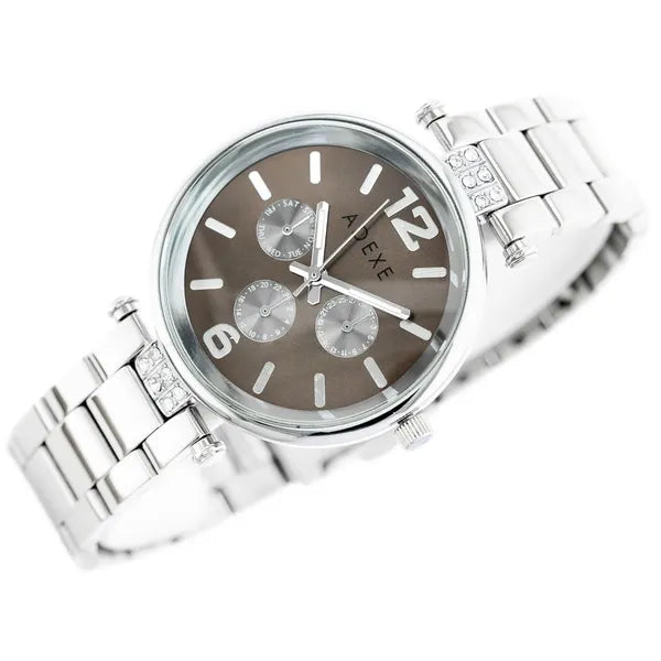 Adexe női karóra – ezüst fém szíj, barna számlap, quartz, WR30, 26 mm