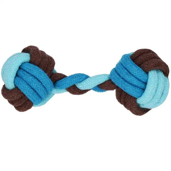 Kötél labdás kutyajáték, pamut, kék-barna, 17 cm