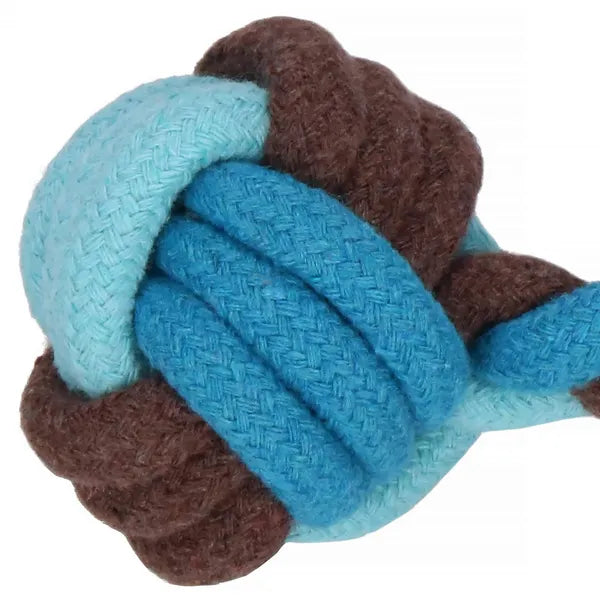 Kötél labdás kutyajáték, pamut, kék-barna, 17 cm