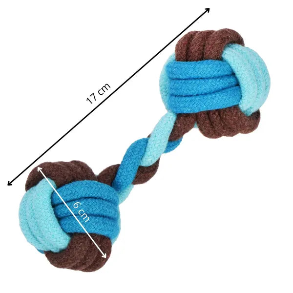 Kötél labdás kutyajáték, pamut, kék-barna, 17 cm
