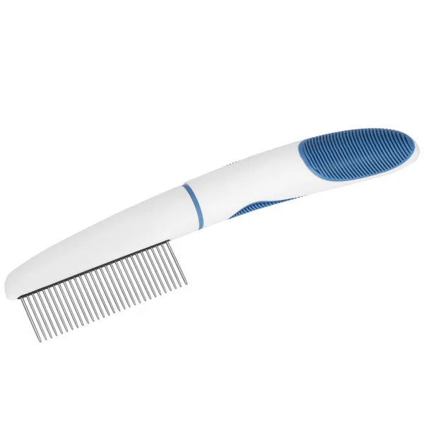 Kék-fehér, rozsdamentes acél fogú szőrkefés fésű kutyáknak és macskáknak, 22,5 cm