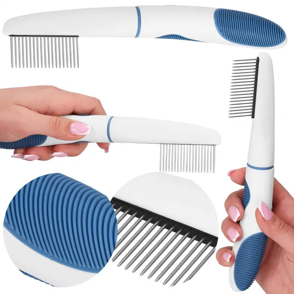 Kék-fehér rozsdamentes acél szőrkefe kutyáknak, macskáknak 20 cm