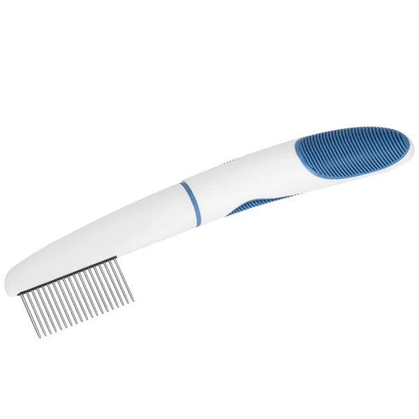 Kék-fehér rozsdamentes acél szőrkefe kutyáknak, macskáknak 20 cm