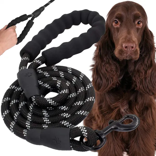 Nylon kutyapóráz 5 m, fényvisszaverő, nagytestű kutyáknak 50 kg-ig, fekete-fehér