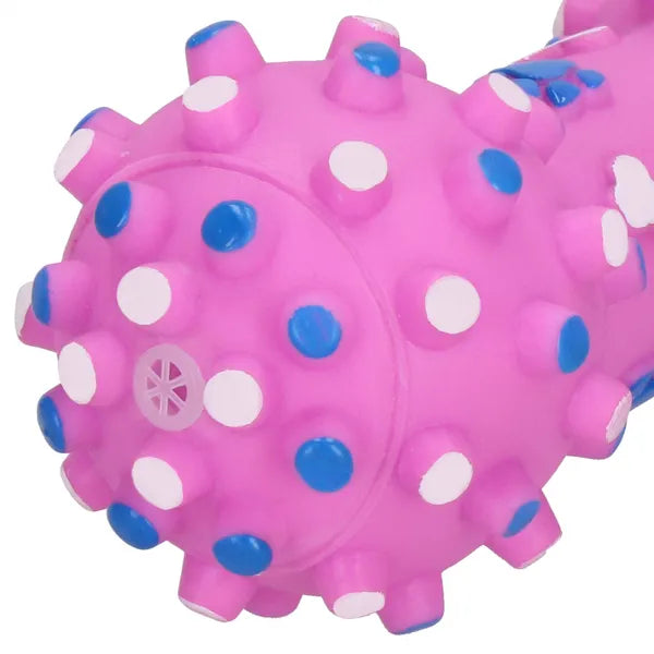PVC sípoló kutyajáték tüskés labdával, 16 cm, rózsaszín/kék/fehér