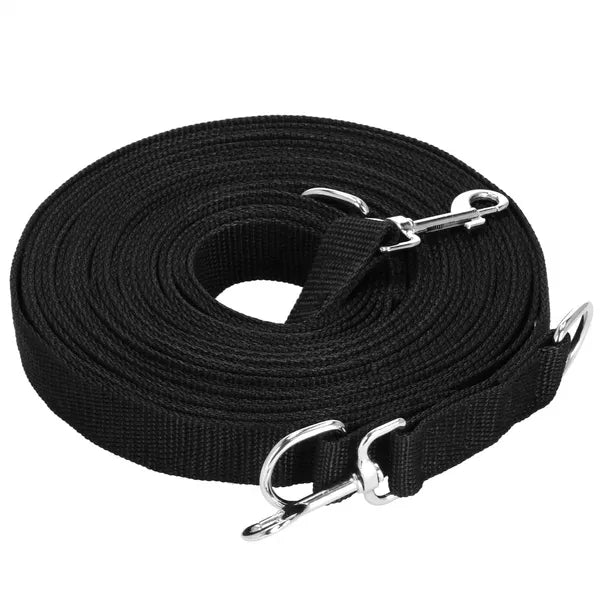 Fekete nylon kutyapóráz, 10 m, két karabinerrel és D-gyűrűkkel