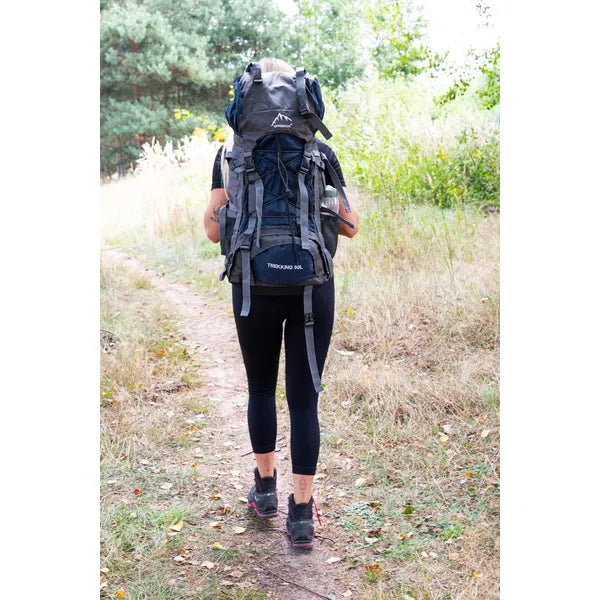 90 literes trekking hátizsák esővédő huzattal, szürke-kék, 25 kg