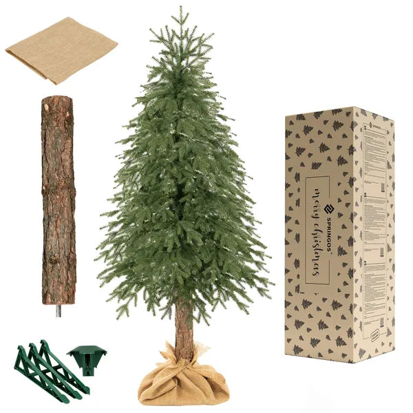 Realisztikus PE luc műfenyő farönkön, 220 cm, sötétzöld