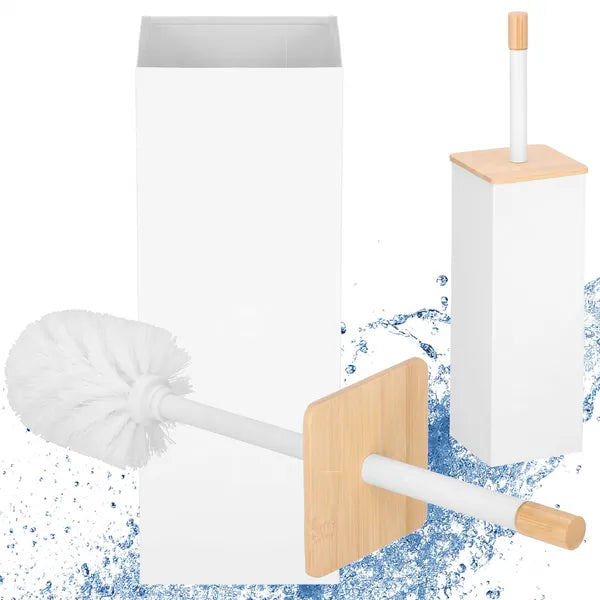 WC kefe fém tartóban bambusz fedéllel, fehér, 40 cm