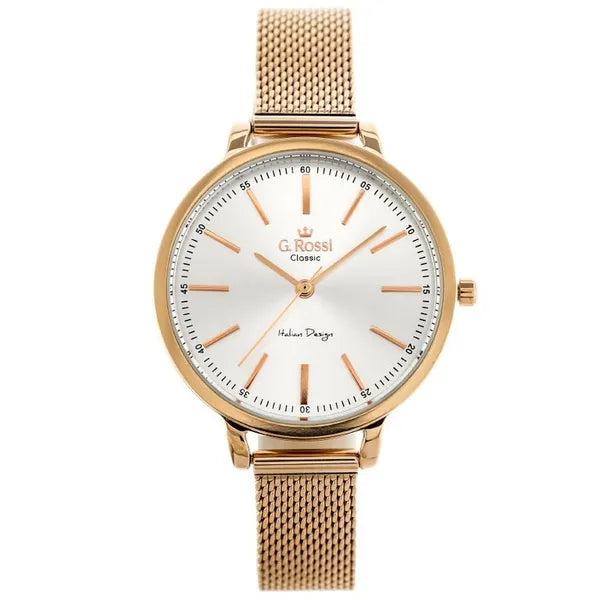 Női kvarc karóra rozéarany fém szíjjal, ezüst számlap, 34 mm