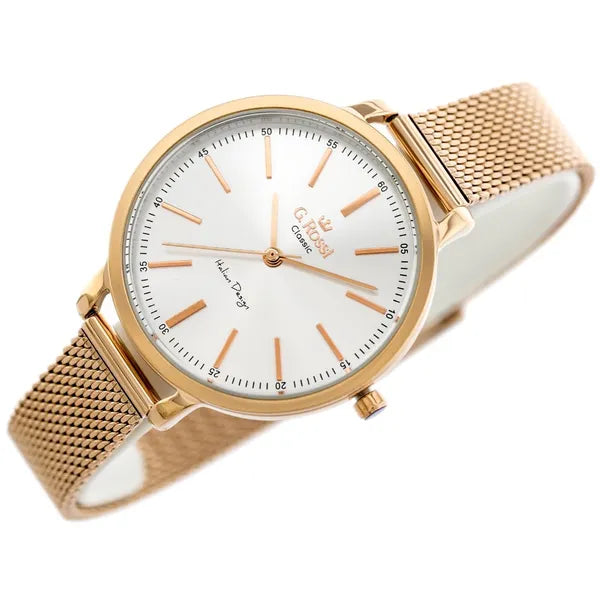 Női kvarc karóra rozéarany fém szíjjal, ezüst számlap, 34 mm